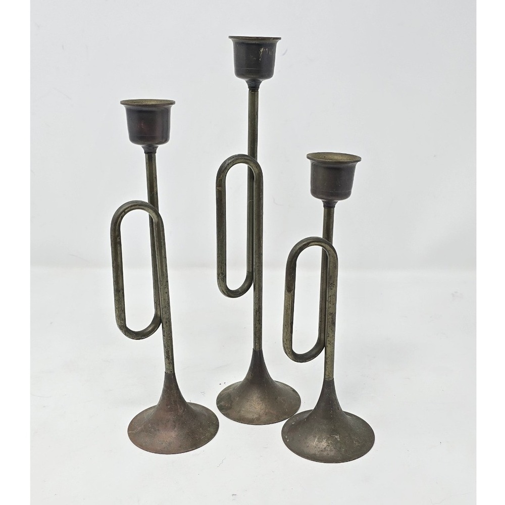 Vtg Lot 3 brass graduated bugle horn candlesticks candle holders taper Christmas